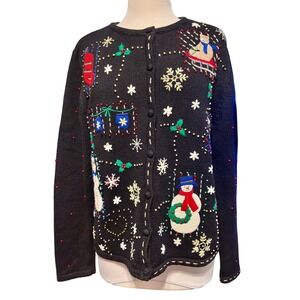 Erika Women's Black‎ Holiday Snowman Sleigh Ugly Christmas Sweater Cardigan M